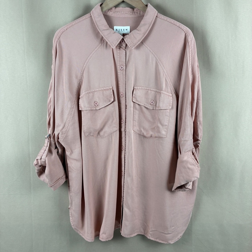 Risen Womens M Tencel Button Up Soft Pink Pocket Shirt Boho Casual Shacket Soft - Picture 2 of 16